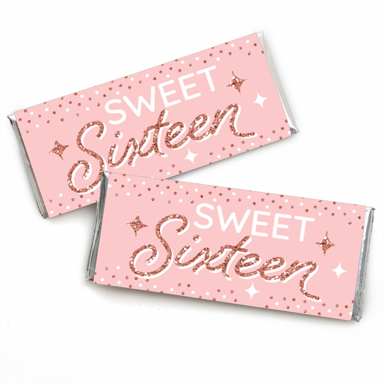 Big Dot of Happiness 16th Pink Rose Gold Birthday - Candy Bar Wrapper Happy Birthday Party Favors - Set of 24